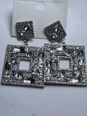 2.5” Silver Crystal Square Drop Earrings - Women Jewelry